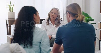 Marriage, counseling and couple therapy with a psychologist for communication, mental health and psychology trauma. Man and woman consulting with a therapist for mental health, help and support