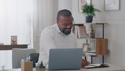 Buy stock photo Businessman, laptop or home office writing in call center, remote work crm consulting or telemarketing. Happy smile, freelancer receptionist talk or webinar technology with notebook training schedule