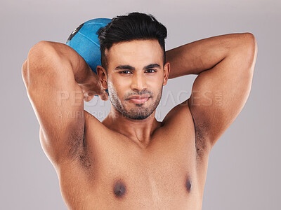 Buy stock photo Fitness, sport and athlete man with muscle, energy and healthy lifestyle busy training, exercise and wellness workout for health. Portrait of India model with medicine ball for body care and strength