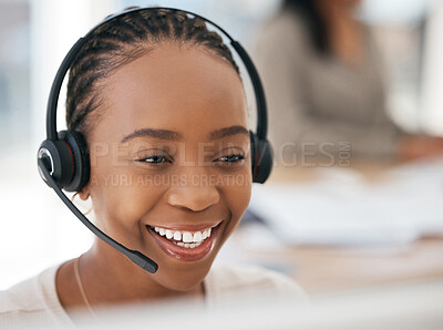 Buy stock photo Call center, customer support and face of black woman working, smiling and on client call in office. Customer service, crm and female agent at work talking, consulting and helping customer online