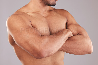 Buy stock photo Fitness, chest and man closeup in studio for wellness, health and exercise on grey background mockup. Skincare, muscle and guy model biceps, body and skin for beauty, grooming and hygiene on mock up