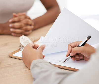 Buy stock photo Business woman, hand and legal contract in interview, recruitment or hr worker with notes in a meeting in office. Corporate worker sign report for deal and document for paper, partnership and hiring