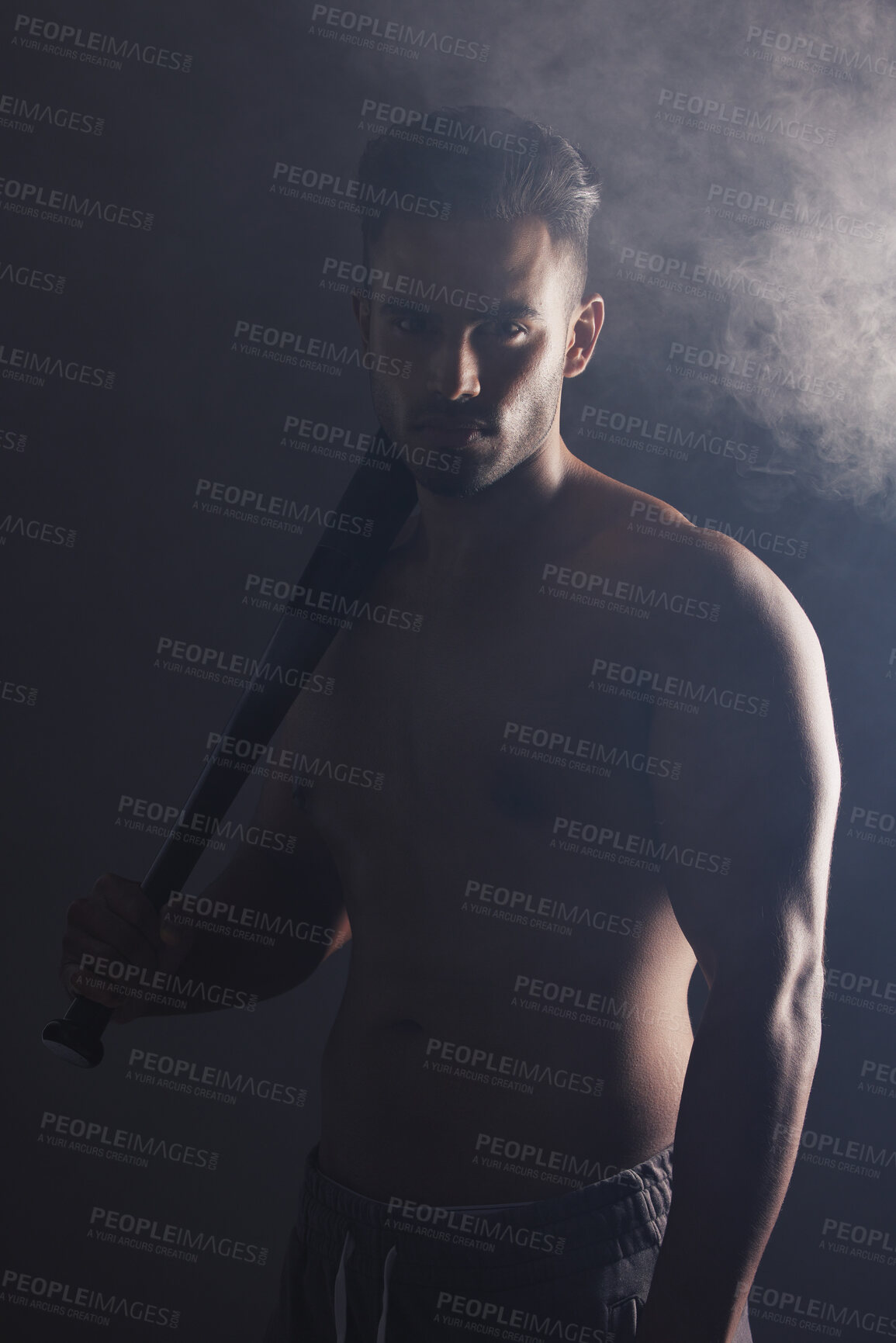 Buy stock photo Baseball bat, fitness and man ready for a game on a black studio background. Sport, match and baseball player holding a bat ready to play sports on a dark backdrop for exercise, health and training 