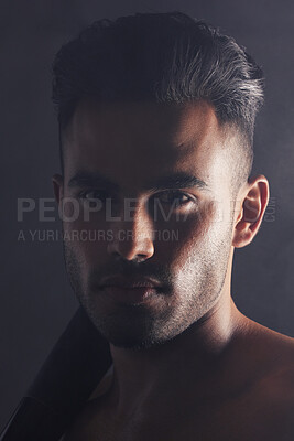 Buy stock photo Man, face and dark studio with baseball bat for marketing and advertising portrait mockup. Indian model headshot, health lifestyle and mindset wellness motivation against black background with smoke