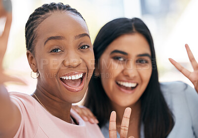 Buy stock photo Selfie, women and show sign for peace, smile and being happy for result, confident or girls have fun together. Diversity, portrait and female friends pride with hand gesture, take photo or happiness.
