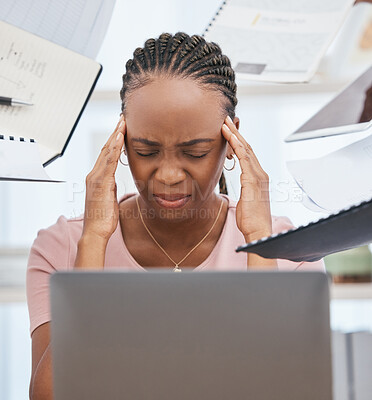 Buy stock photo Stress headache, burnout and black woman overwhelmed with workload at busy office computer. Frustrated, overworked and tired woman with laptop at startup, anxiety from deadline time pressure crisis.