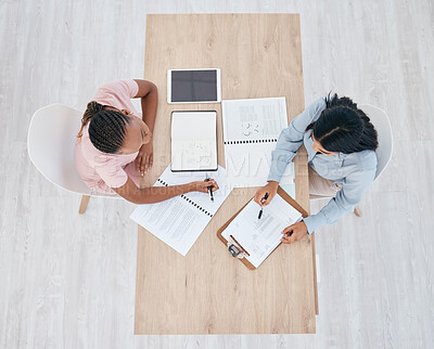 Buy stock photo Top view, documents and teamwork of business people in office. Marketing, diversity and employees with clipboard, checklist and books brainstorming sales growth ideas, planning and solving problems.