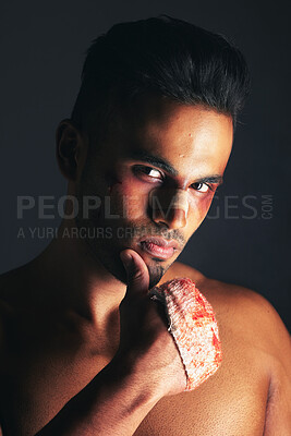 Buy stock photo Blood, fight and man with boxing injury after sports competition with professional athlete doing martial arts training exercise. Portrait of male face and fist wound after violence and fighting