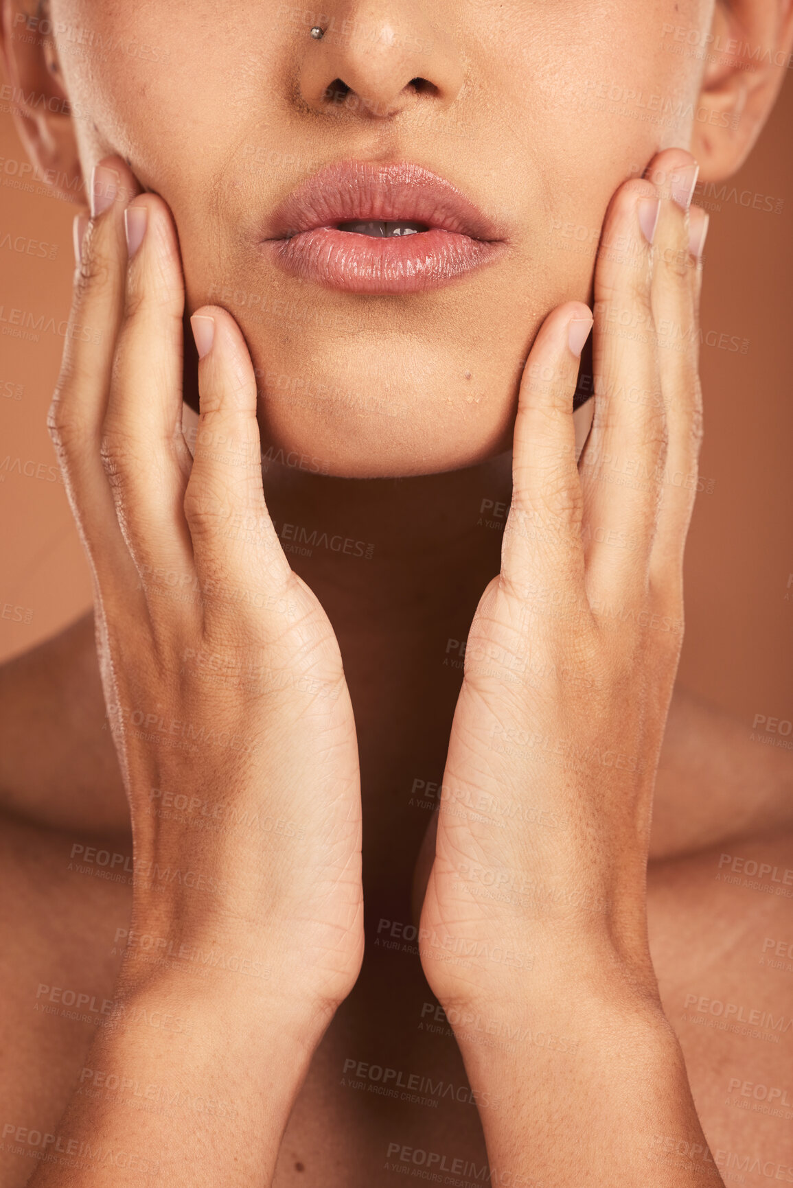 Buy stock photo Beauty, skincare and mouth or lips of woman for health, wellness and self care with dermatology, cosmetics and care for body and skin product. Facial of female spa model with hands on natural face