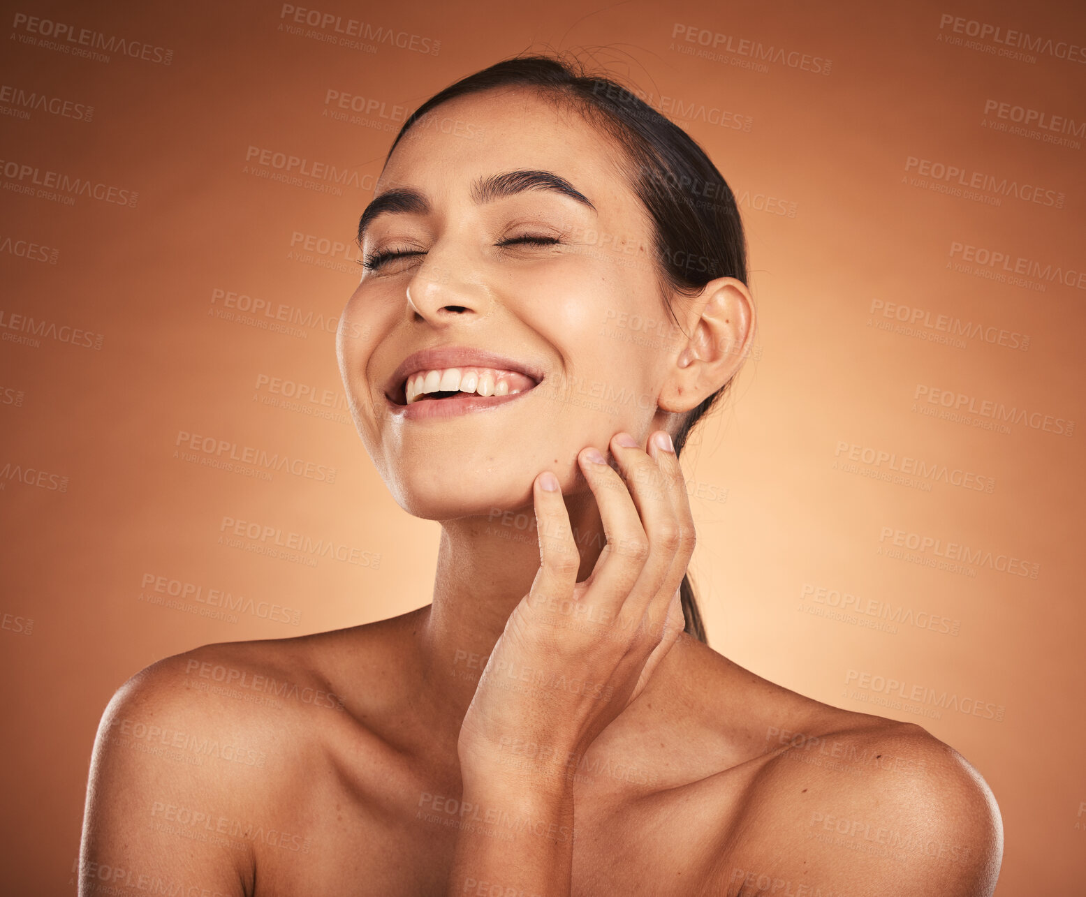 Buy stock photo Woman, beauty and smile for skincare, cosmetics or makeup of model in happiness against a studio background. Happy female smiling for moisturizer, facial or care in soft perfect skin treatment