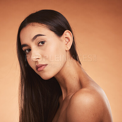 Buy stock photo Beauty, skin and hair, woman in skincare portrait with face and hair care treatment advertising against orange studio background. Natural cosmetic, makeup and wellness, beautiful and glow mockup.