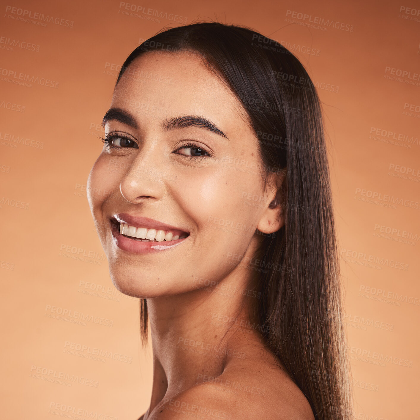 Buy stock photo Woman, smile and natural beauty of a model face with happiness and skincare wellness. Portrait of a facial, cosmetic and healthy skin satisfaction of a happy person after a cosmetic treatment