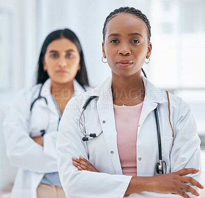 Buy stock photo Healthcare, women and success, doctors with leadership mindset in hospital or clinic. Black woman doctor, medical partnership and teamwork with diversity, successful women boss and vision in medicine