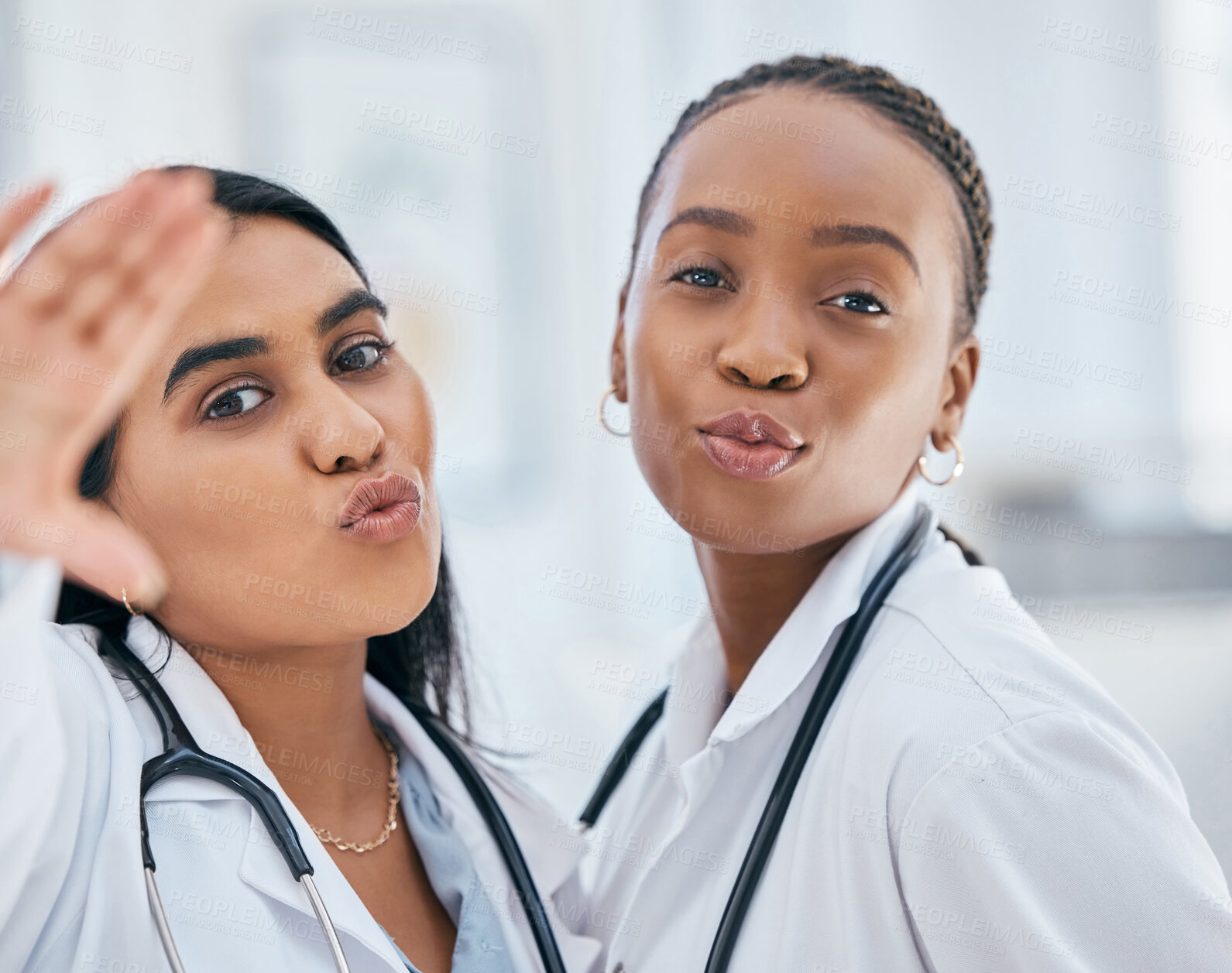 Buy stock photo Doctors, selfie and medical team taking profile picture for friends, healthcare insurance and service in hospital. Face of nursing women happy for diversity, teamwork and collaboration for health