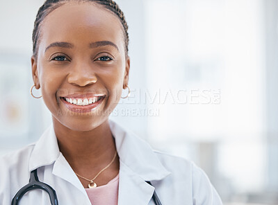 Buy stock photo Black woman doctor, hospital and portrait of young, professional and medical cardiology expert staff working in clinic with mockup space. Happy female healthcare worker consulting service