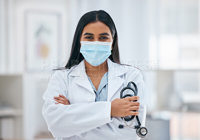 Buy stock photo Covid, medical and arms crossed with portrait of doctor with stethoscope for cardiology, virus and innovation in consulting room. Healthcare, help and medicine with woman in hospital for surgery 