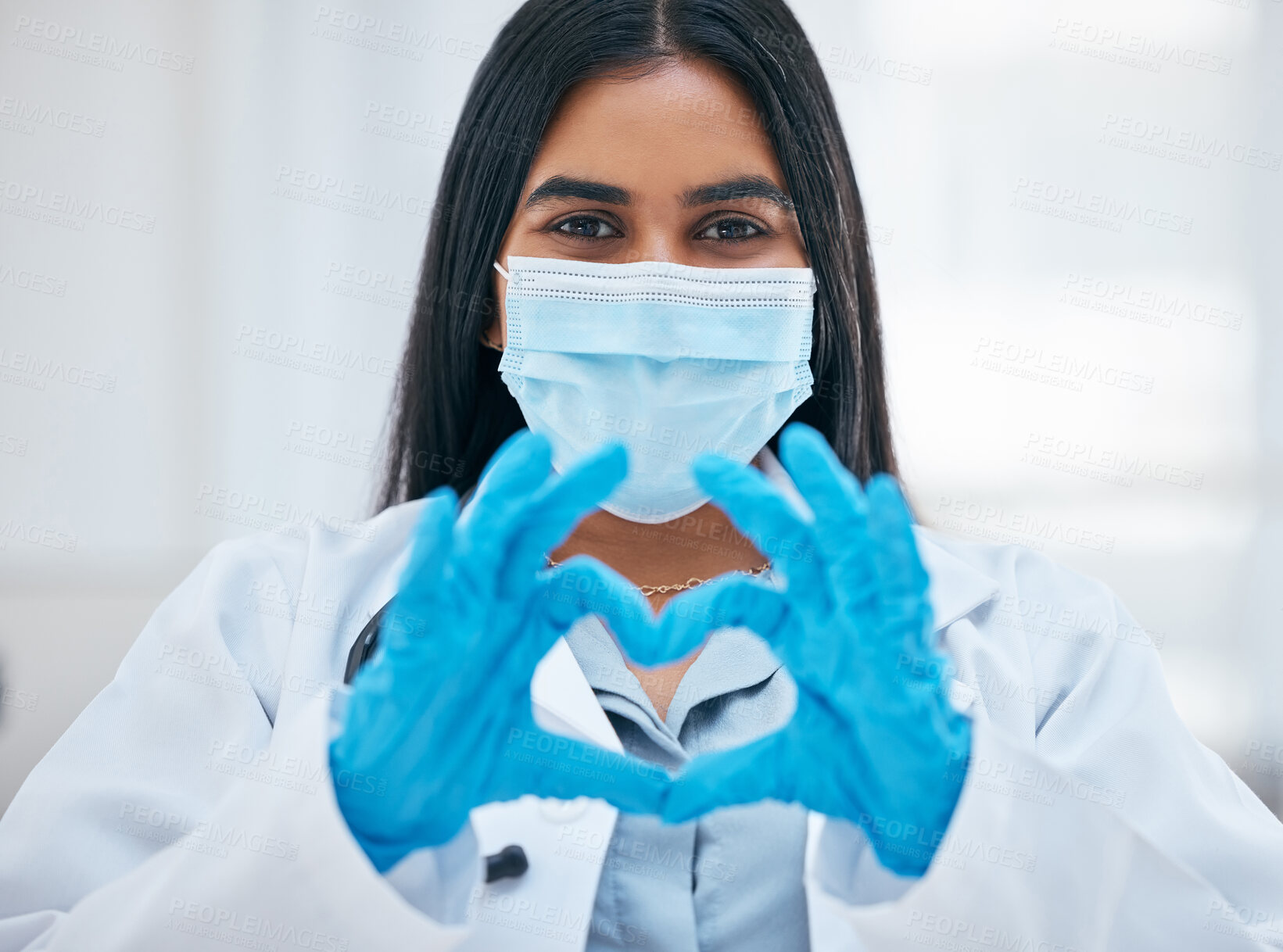 Buy stock photo Covid, doctor and hands heart sign from medical worker for covid 19 help, corona virus support and healthcare wellness. Face mask, science laboratory and portrait of medicine scientist in hospital