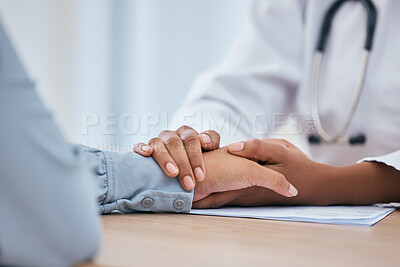 Buy stock photo Doctor, patient and holding hands for empathy, trust and hope in consulting, support and healthcare insurance. Kindness, counseling and therapy from medical worker, psychology help and mental health 