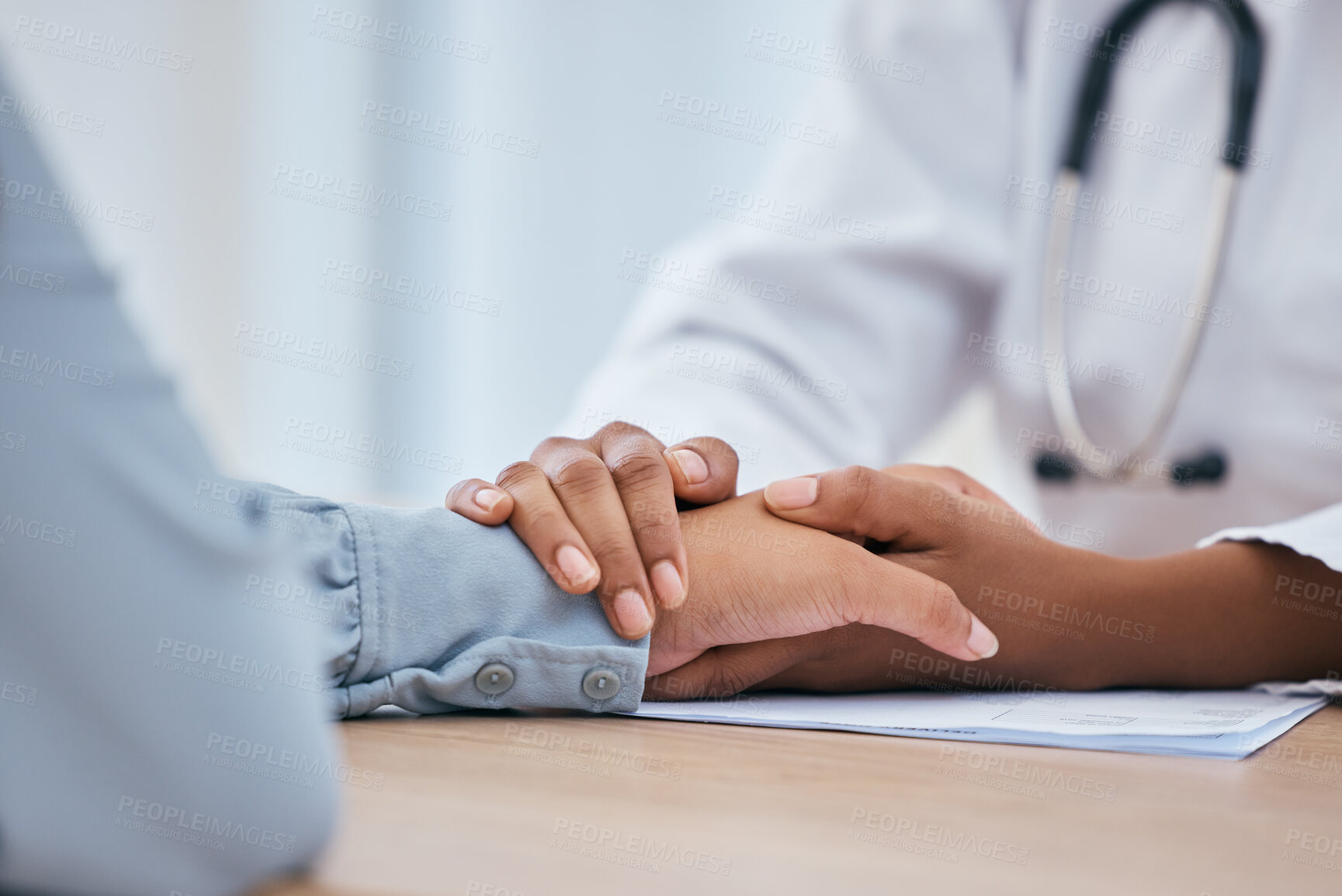 Buy stock photo Doctor, patient and holding hands for empathy, trust and hope in consulting, support and healthcare insurance. Kindness, counseling and therapy from medical worker, psychology help and mental health 