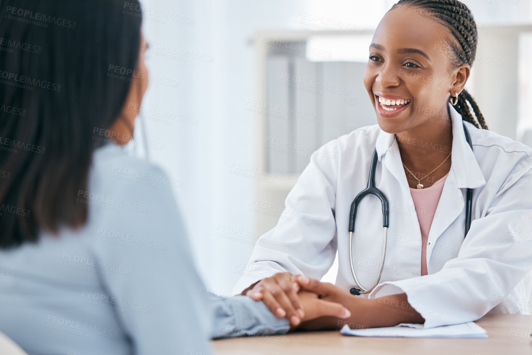 Buy stock photo Happy doctor, holding hands and patient empathy, healthcare or medical trust, hope and faith in therapy, healing and rehabilitation in mental health consulting. Smile hospital worker counseling woman