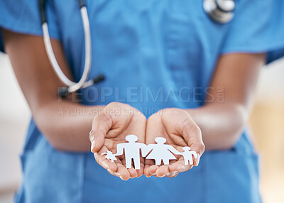 Buy stock photo Family nurse, doctor and woman hands with paper dolls to show children healthcare insurance. Hospital, medical and kids cardiology worker with helping hand support gesture cutout for clinic care