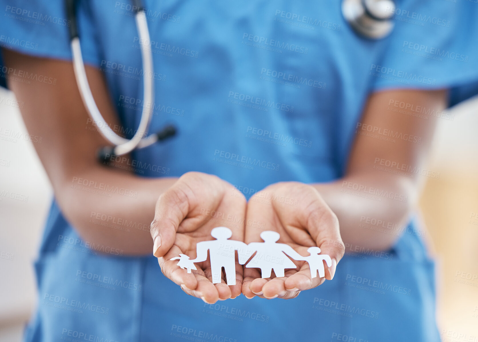 Buy stock photo Family nurse, doctor and woman hands with paper dolls to show children healthcare insurance. Hospital, medical and kids cardiology worker with helping hand support gesture cutout for clinic care