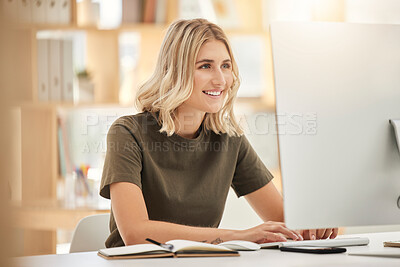 Buy stock photo Creative woman computer, smile typing in office and email communication on web app for startup business. Businesswoman focus working, digital marketing and happy social media with internet technology