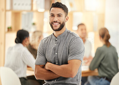 Buy stock photo Portrait, businessman and arms crossed in office or meeting with smile. Leadership, vision and happy male manager, ceo or company leader with goals, targets and success mindset in corporate workplace