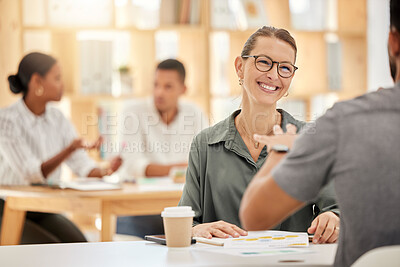 Buy stock photo Collaboration, meeting and business people talking in the office with documents planning a project. Happy, smile and managers working on a report analysis together with paperwork in the workplace.