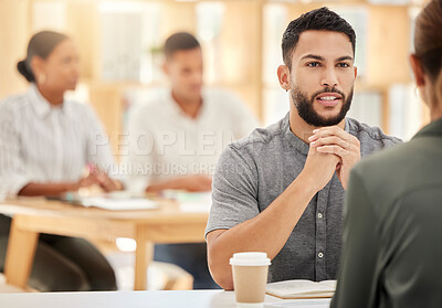 Buy stock photo Businessman, mentor and business meeting for planning, collaboration or teamwork in office. Employee or business people talking for research, data analysis or SEO marketing strategy review at work