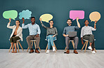 Diversity, poster and team with speech bubble, social media and marketing at interview, hiring and recruitment. Business people with board, sign and mockup space with review, opinion and advertising