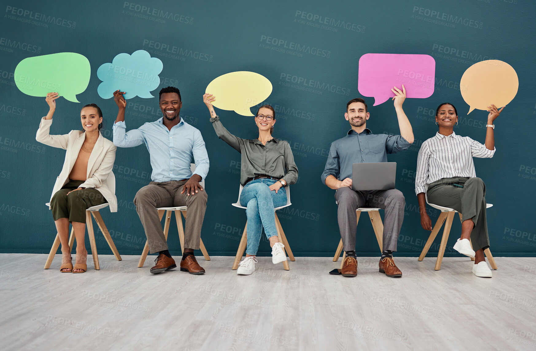 Buy stock photo Diversity, poster and team with speech bubble, social media and marketing at interview, hiring and recruitment. Business people with board, sign and mockup space with review, opinion and advertising