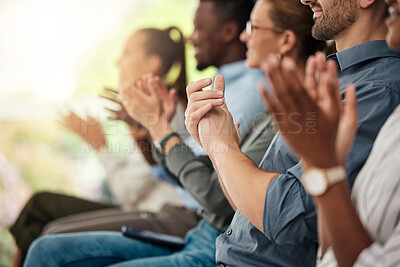 Buy stock photo Business people applause in conference audience, crowd and tradeshow workshop for, training, motivation and presentation. Employee team clapping hands for success, seminar event and support meeting 
