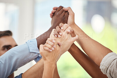 Buy stock photo Team, diversity and holding hands in unity, trust or support for community, care or partnership in the outdoors. Group hands of business people in social collaboration, teamwork or agreement outside