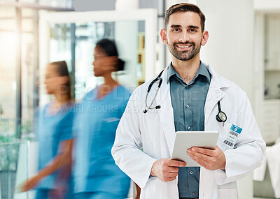 Buy stock photo Healthcare, confidence and doctor with tablet in busy hospital with patient info or medical insurance documents online. Proud man, leader in medicine with support, trust and leadership at clinic.