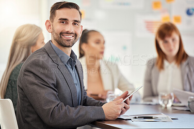 Buy stock photo Portrait, business people and meeting in office with team, collaboration and idea for startup marketing. Happy, leader and business man at a table with with team for creative, planning and strategy 