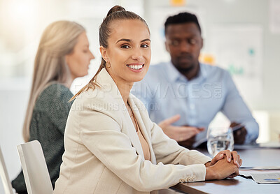 Buy stock photo Happy woman, portrait and business meeting with team, employees or staff in modern office for workshop, training or strategy presentation. Smile, motivation and young worker at desk for collaboration
