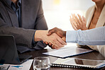 Business deal handshake, office closeup for contract agreement and finance partnership in company. Meeting shaking hands, success collaboration teamwork and corporate thank you for promotion to team