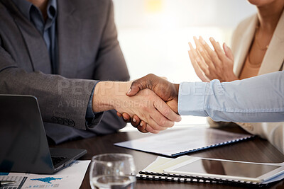 Buy stock photo Business deal handshake, office closeup for contract agreement and finance partnership in company. Meeting shaking hands, success collaboration teamwork and corporate thank you for promotion to team