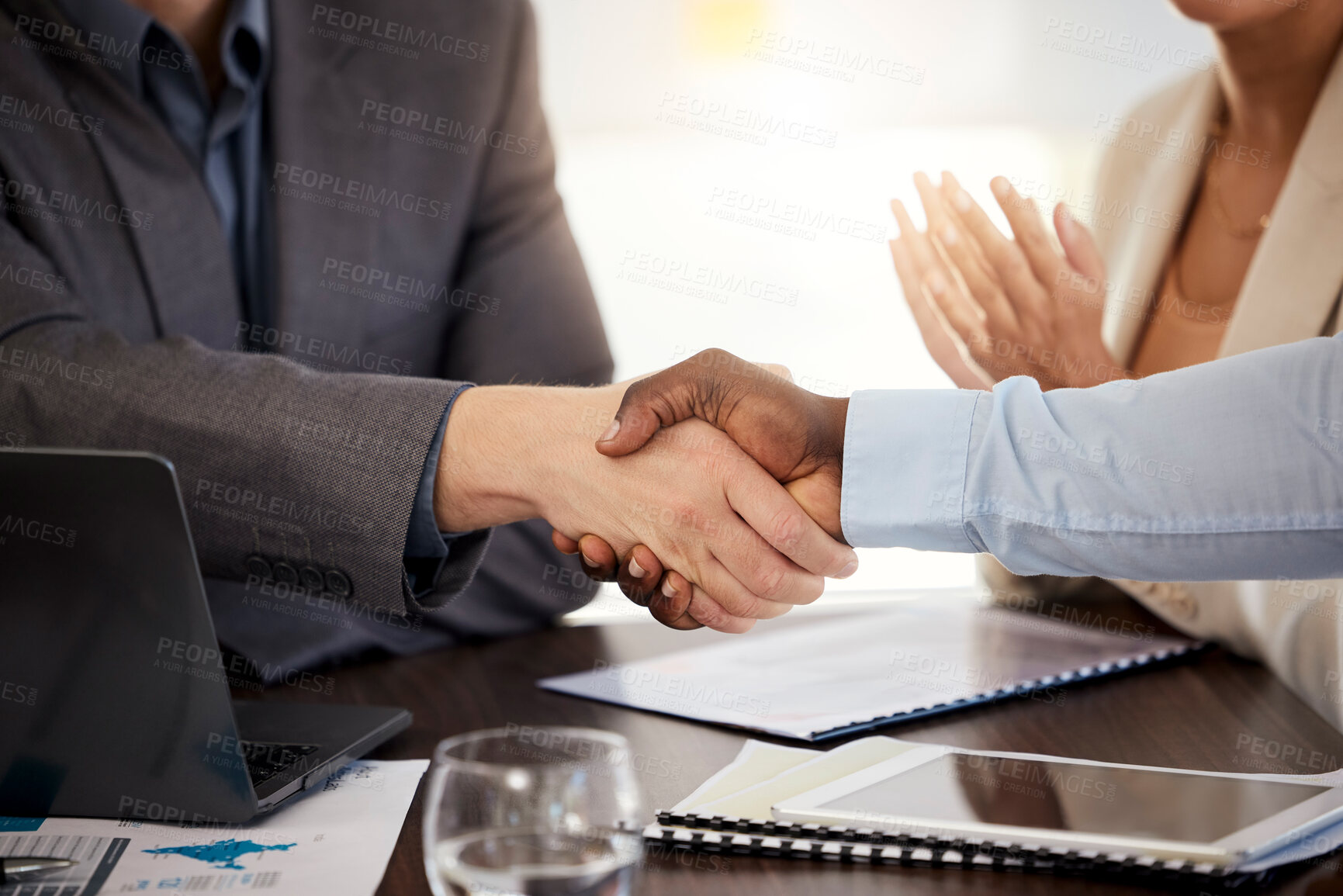 Buy stock photo Business deal handshake, office closeup for contract agreement and finance partnership in company. Meeting shaking hands, success collaboration teamwork and corporate thank you for promotion to team