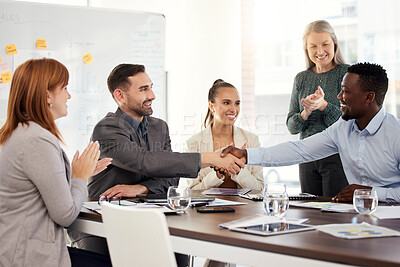 Buy stock photo Corporate, client and partnership handshake of office workers with diversity in a business meeting. B2b welcome, thank you and crm deal hand gesture of company staff happy about a contract agreement