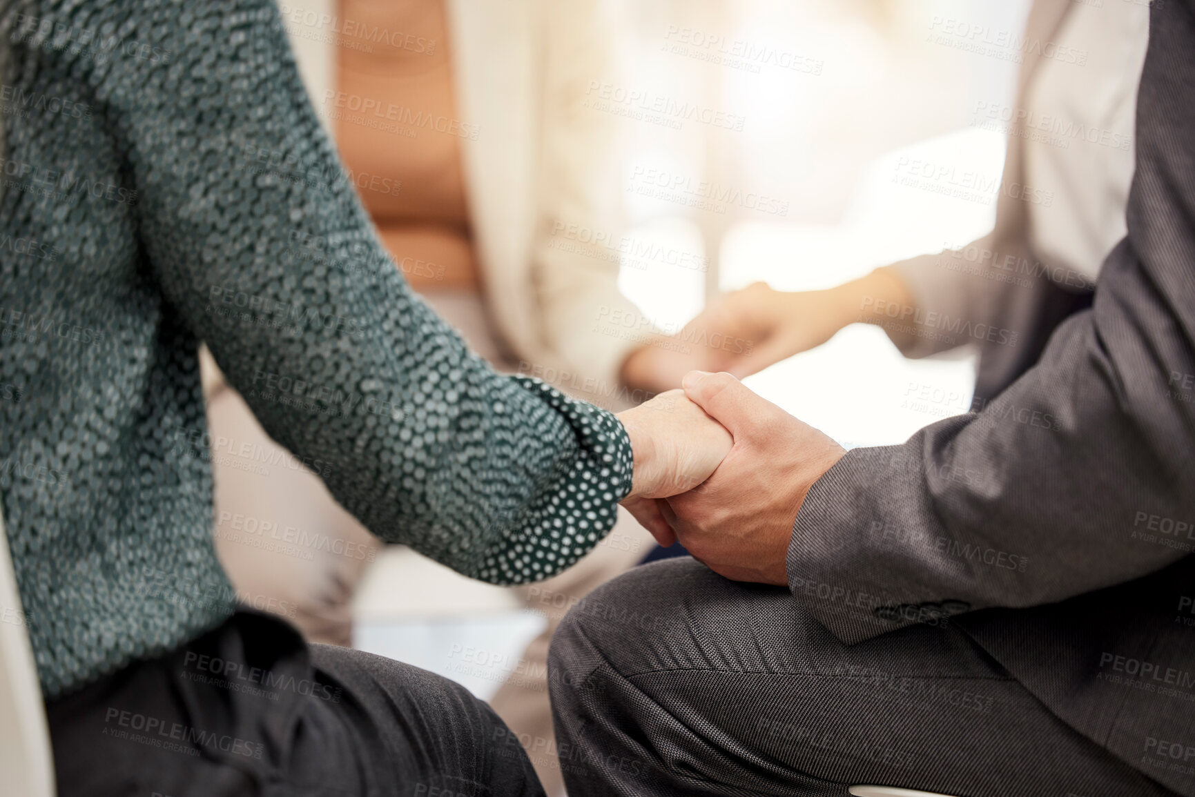 Buy stock photo Holding hands, group therapy and business people in team building for support, teamwork and mental health help. Corporate employees in circle together and hand sign for community trust and empathy