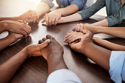 Buy stock photo Diversity, hands holding and business partnership for support, motivation and teamwork. Friends connecting hand, collaboration together sharing success goal vision together and team building. 