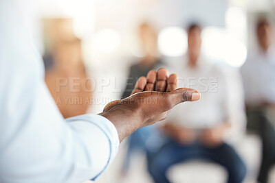 Buy stock photo Black man, business and corporate speaker hand with an audience speaking about work. Businessman with presentation and hands gesture with conference crowd listening to a company strategy meeting