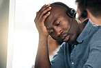 Call center, stress and black man sad about telemarketing depression, problem or work in a crm office. Ecommerce, consulting and African customer service worker thinking of a problem online in sales