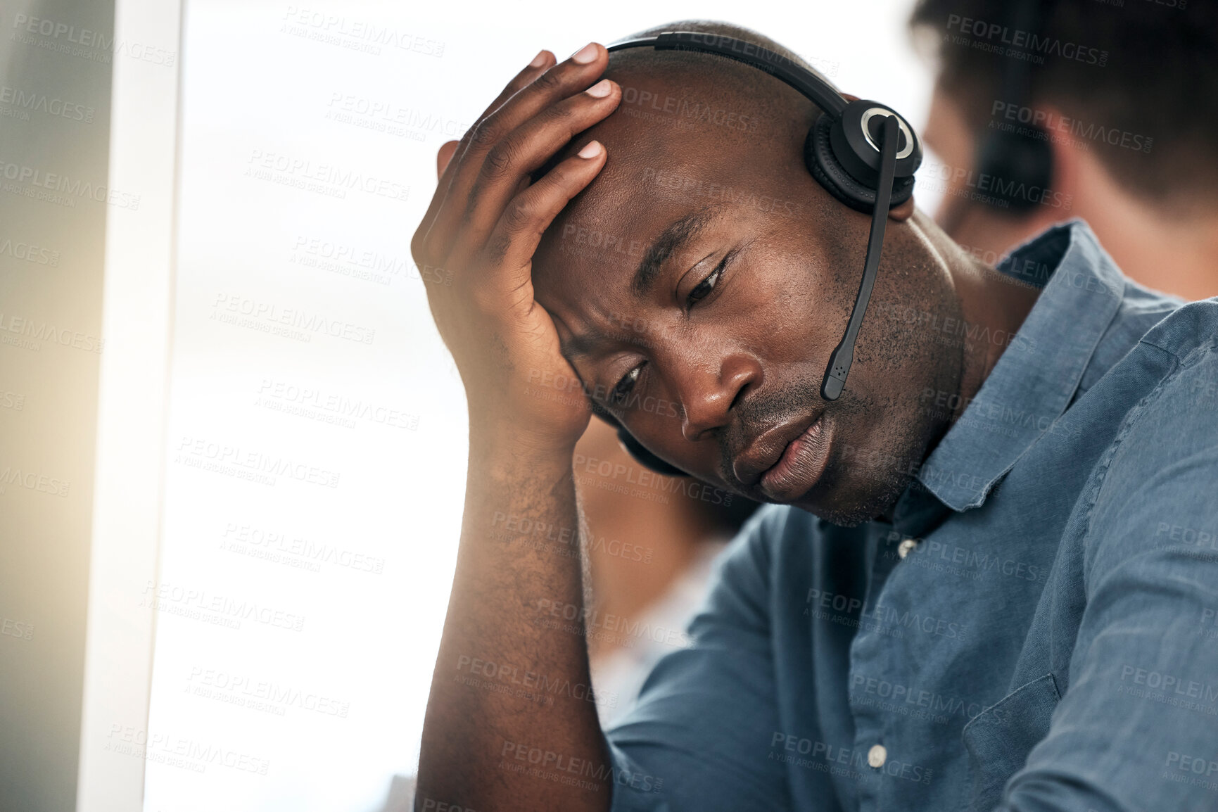 Buy stock photo Call center, stress and black man sad about telemarketing depression, problem or work in a crm office. Ecommerce, consulting and African customer service worker thinking of a problem online in sales