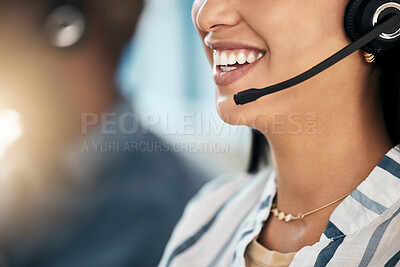 Buy stock photo Call center, smile and woman networking in a telemarketing insurance, fintech and loan business or company. Contact us, microphone and happy worker talking, conversation and speaking to a client