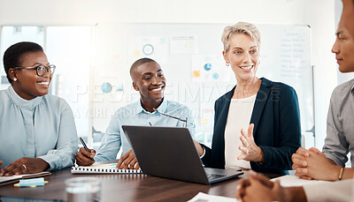 Buy stock photo Diversity, laptop and team brainstorming, conversation and planning for group project with leader, smile and in office together. Teamwork, talking or discussion for marketing strategy or sales growth