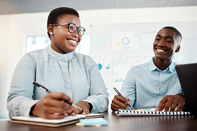Buy stock photo Black woman, man and writing with planning, strategy and development of company growth in advertising meeting. Business people with teamwork, business meeting and b2b support for startup project idea