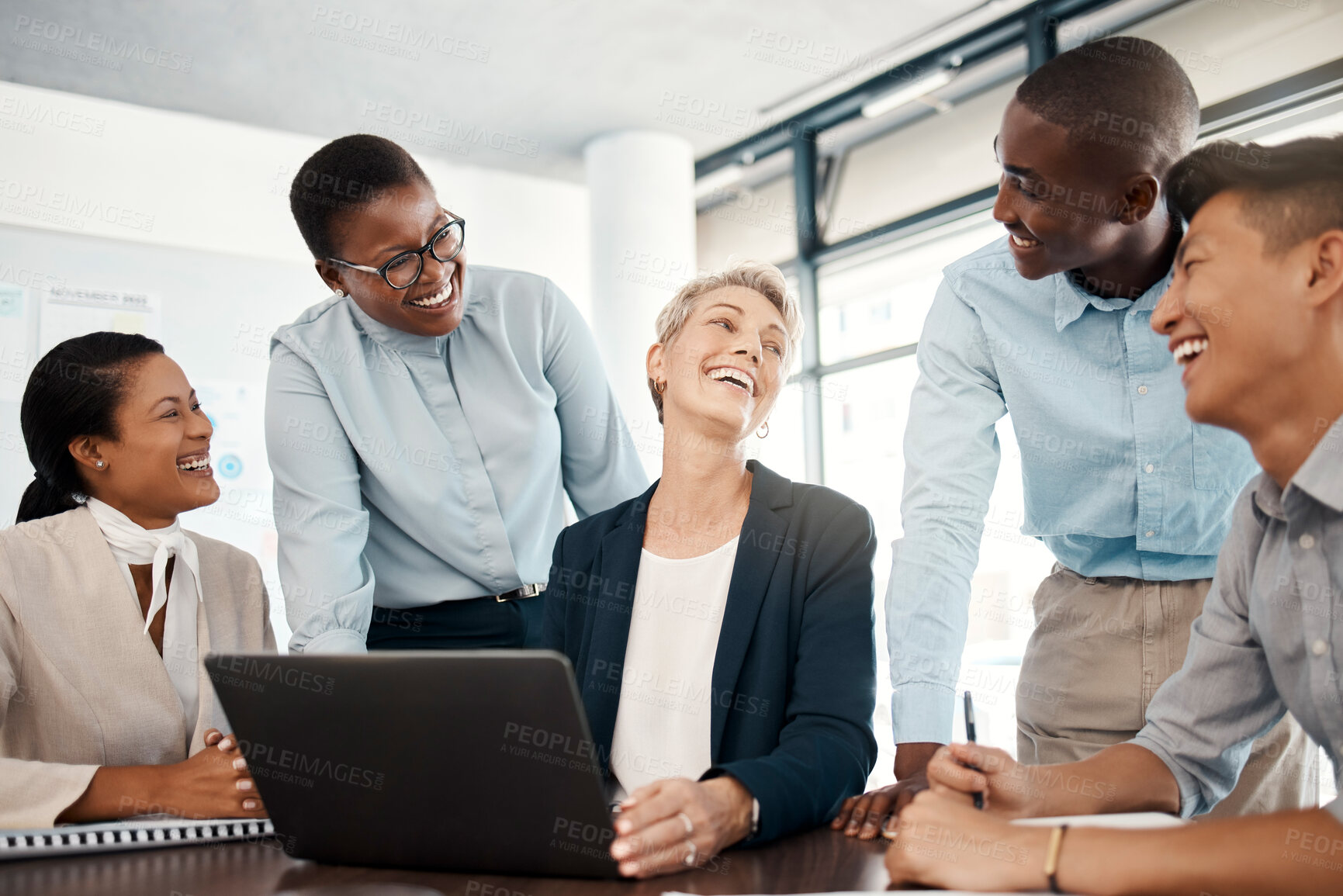 Buy stock photo Business people, team with success and meeting with diversity and collaboration, together for planning and laptop for presentation. Corporate partnership, happy and laughing with support and teamwork